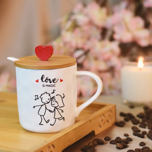 Love Quotes Ceramic Coffee Mug with wooden lid & spoon