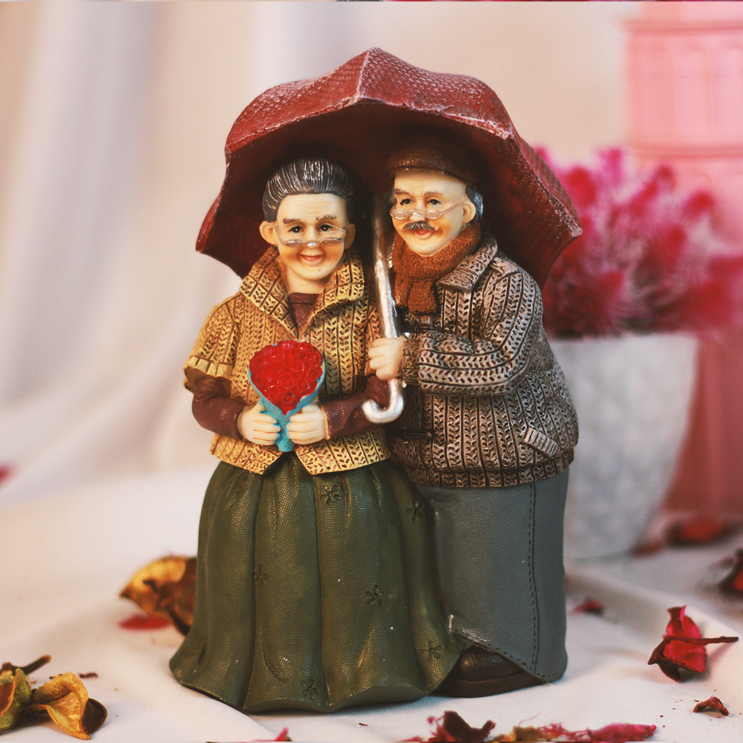 Cute Granny Under Umbrella, Lovely couple figurine Gift for Old Couple