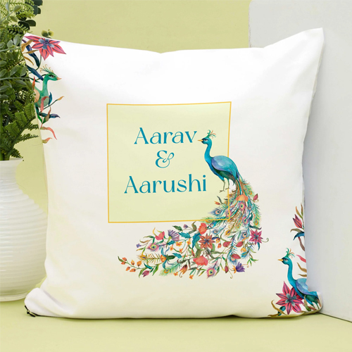 Peacock Art Couple Name Personalized Cushion