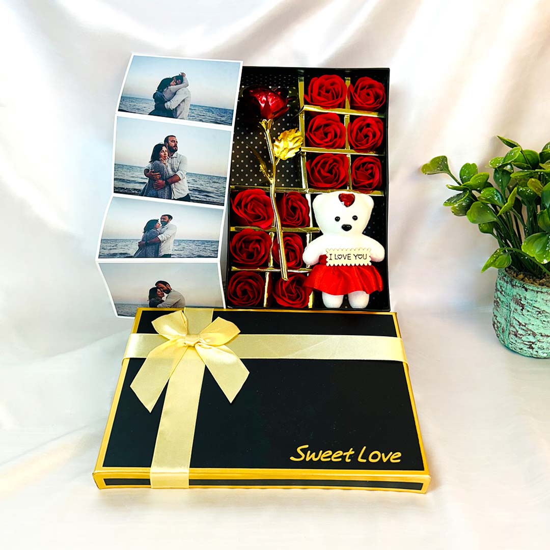 Love Gift Box with Teddy, Roses, Golden Rose & Custom Polaroid Photos